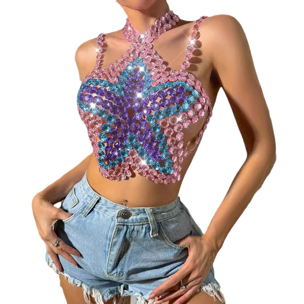 Women's Crystal Embroidery Backless Blouse Sexy Summer Beach Top