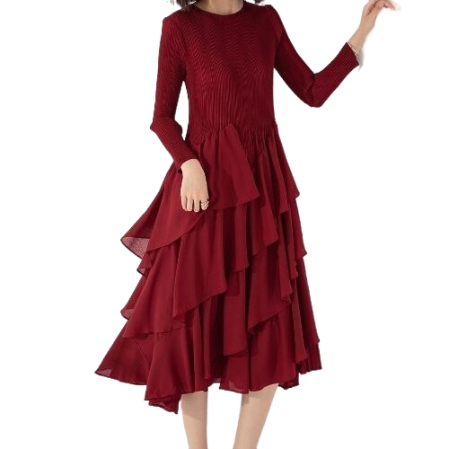 Autumn Winter Casual Chic Modest Wear Loose-Fit Neck Tiered Ruffle Dress