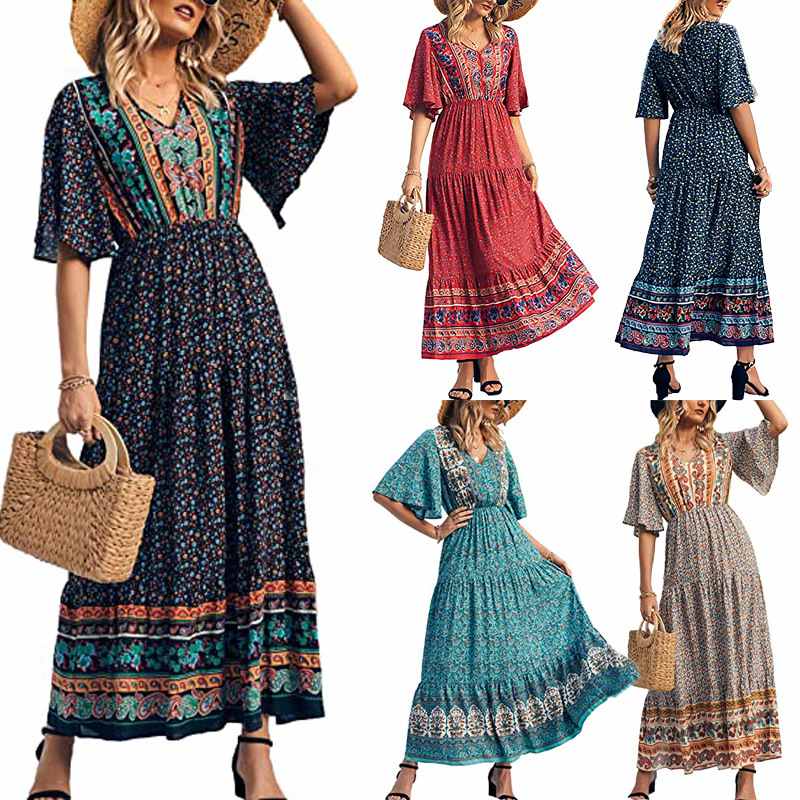 Women's Bohemian Dress Floral Printing Maxi Beach Vacation for Ladies