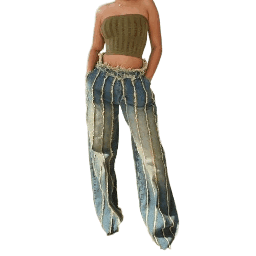 Embroidered  Pant Patchwork Design Straight Loose Crystal Hole Summer