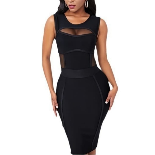 2025 European and American sexy net tulle hip-hugging and open-cut bandage evening dress