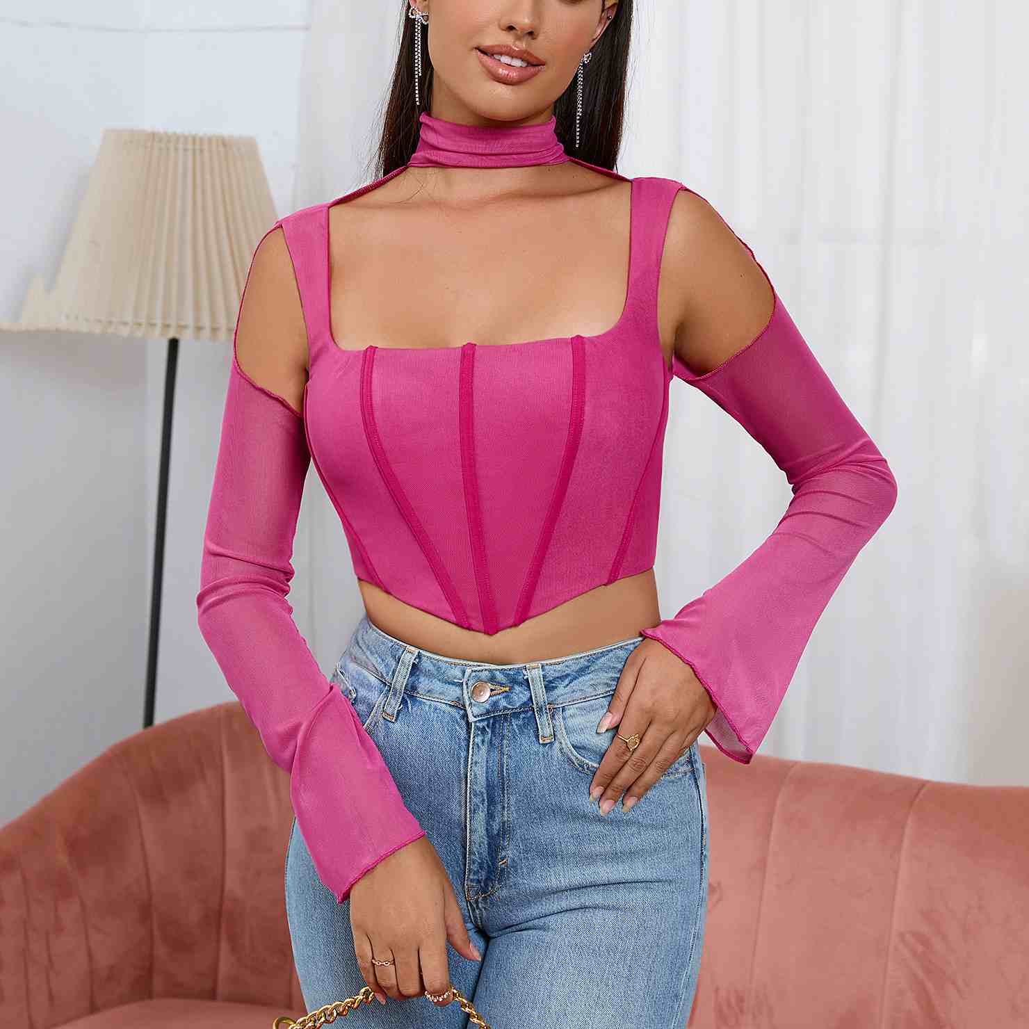 Women's mesh long sleeve halter backless top ladies