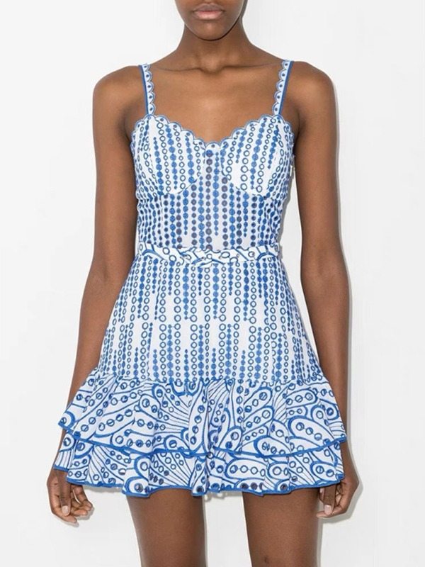 Women Trendy sexy halter top embroidered hollowed out mini dress 