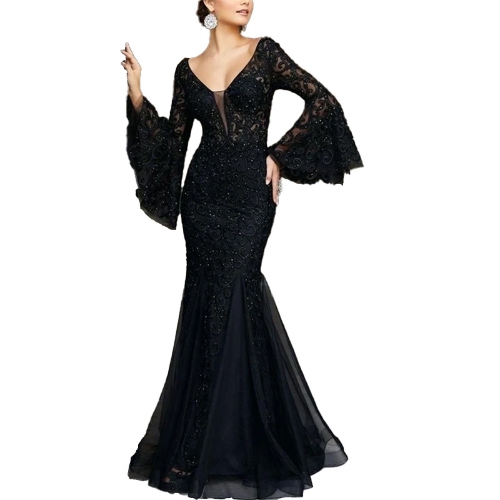 The 2025 new women's dress lace embroidered fishtail black fitted evening dress