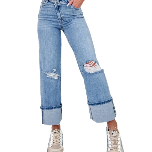 The new solid-colored high-waisted ripped straight-leg trousers for women