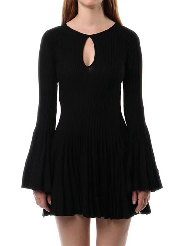 Custom kniting o-neck flare sleeves mini dress