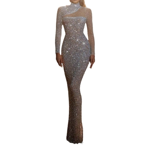 The 2025 new openwork off-the-shoulder strapless slimming mesh sequin dress