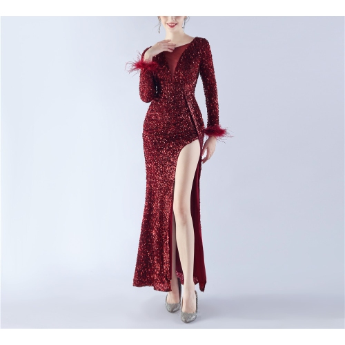 New handmade beadwork piece-stitched ostrich feather long-sleeved evening dress