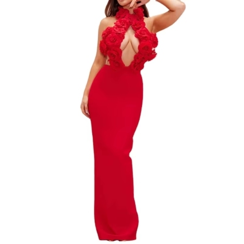 Cut-Out 3D Floral Applique Backless for Bandage Evening Dresses
