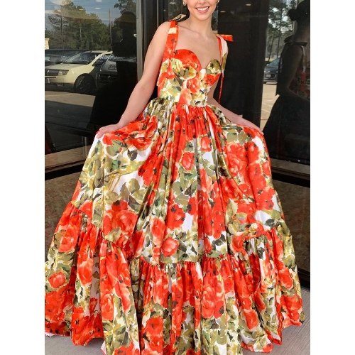 Flower spaghetti strap dress for women