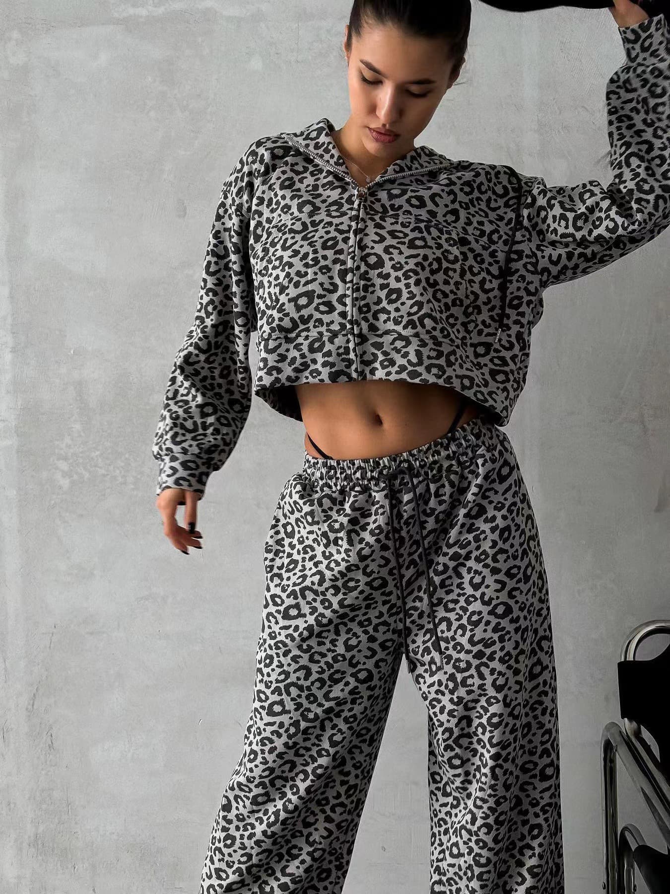 Oversize high street leopard printing low waist tracksuit for ladies