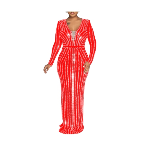 European and American style women's pure color sequined long-sleeved slit dress with skirt
