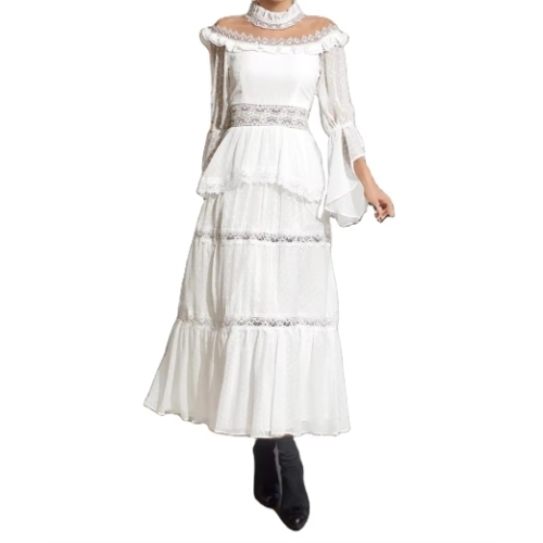Cinched Waist French Vintage Boat Collar Panelled Tulle Dress