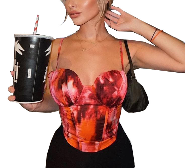 Niche Ins style printing corset vest backless lace-up sexy lady tops 