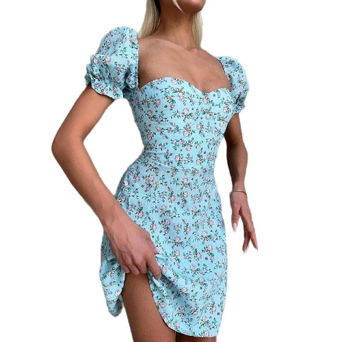 Newly released printed sexy V-neck backless strapless short-sleeved dress