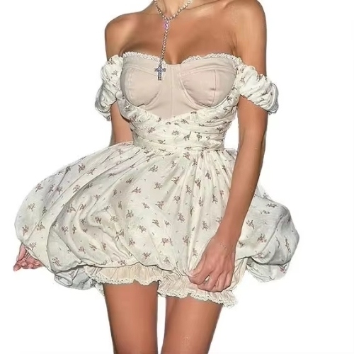 Boho Mini Dress for Women High Waist Ball Gown Puff Sleeve