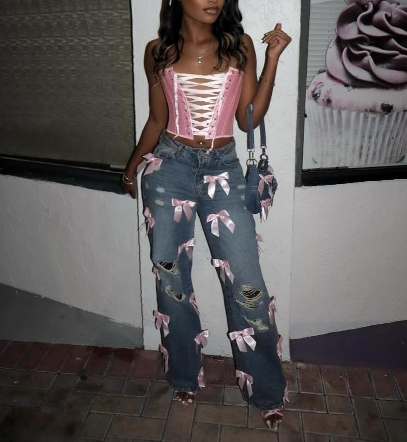 Distressing Washed Denim Bow Patchwork Ripped Jeans Cargo Pants