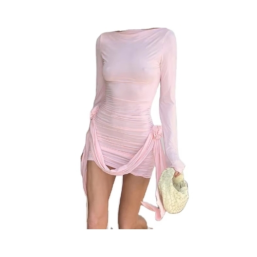 Ribbon Accents Slim Fit Long Sleeve Solid Floral Evening
