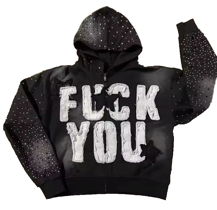 Custom Manufacturer Embroidery Distressed Hoodie Rhinestone Zip up Jacket 
