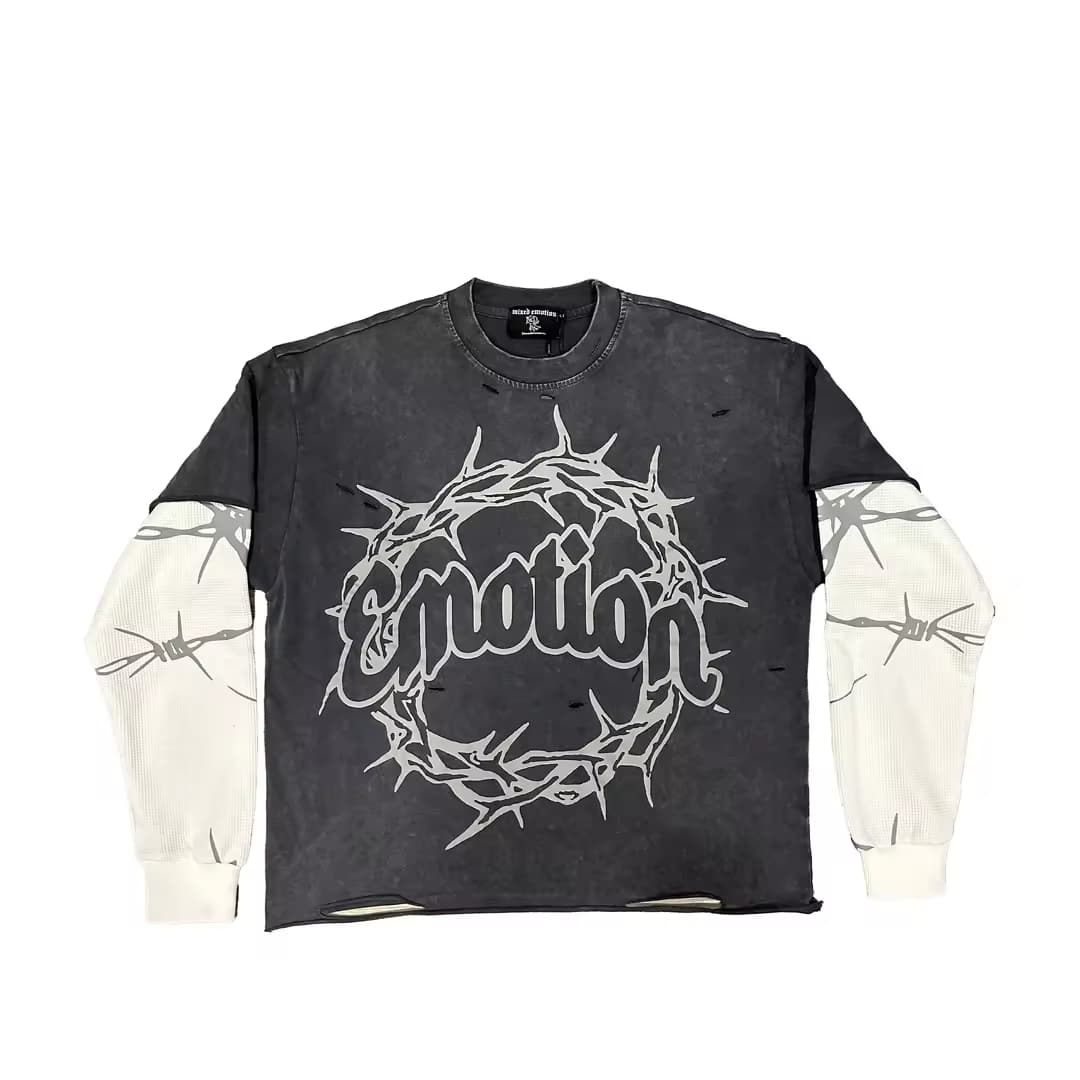 Customized Oversized Double Layer Tee Screen Printing Vintage Distressed T-Shirt 