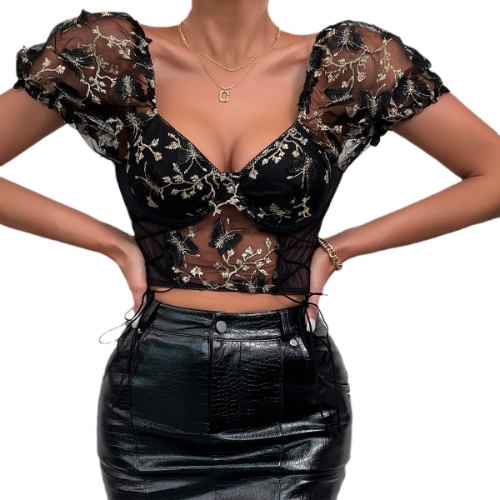 New Hot Girl backless see-through butterfly embroidered halter top with mesh fabric