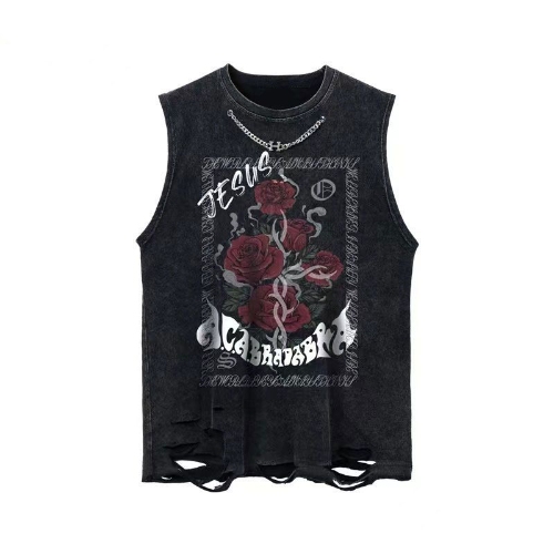 Summer European retro distressed washed blazer with frayed hems sweatshirt with tear-shaped holes unisex Instagram trendy hip-hop sleeveless T-shirt