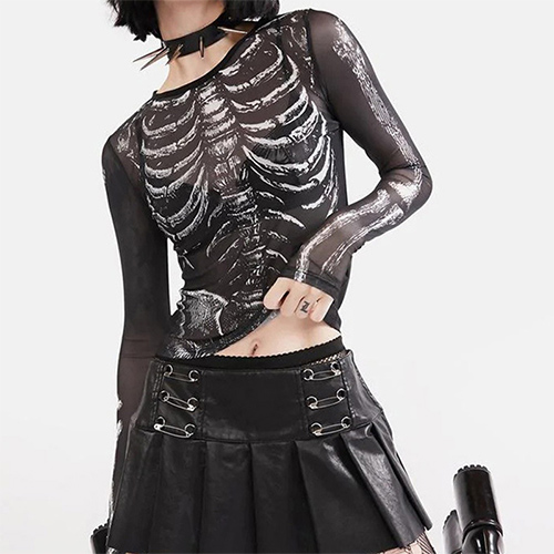 Round-neck pullover, long-sleeved mesh tulle skull print casual