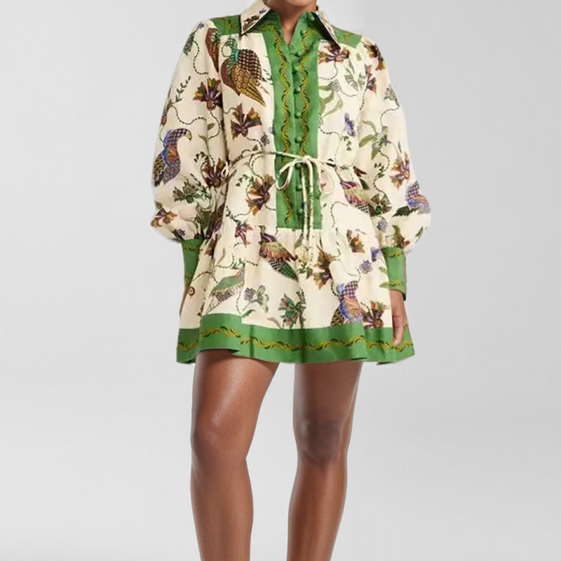 The 2025 new women's lace-up printed lapel long-sleeved pleated dress