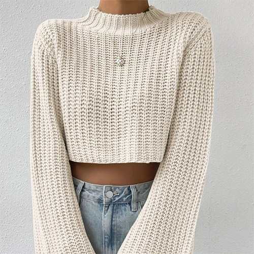 Short crop neck sweater, solid-color casual and versatile flared sleeve knitted sweater