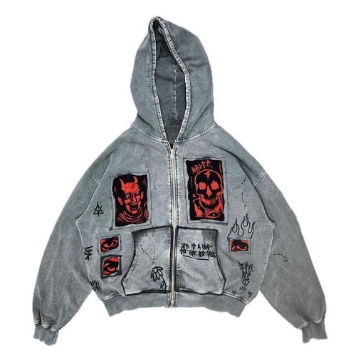 American-style street retro men's and women's matching devil-print patchwork heavyweight loose-fitting hooded sweatshirt