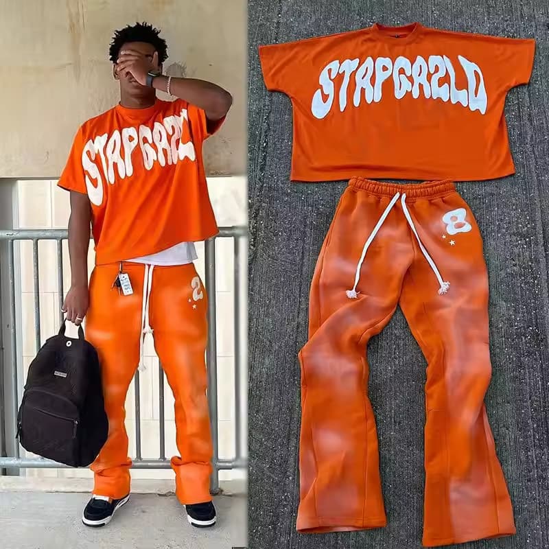 Acid Wash Jogger Tracksuit Short Sleeve Cropped Boxy shirt & sweatpants