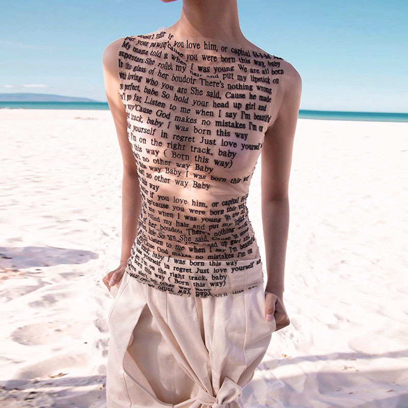 Street letter print round-neck sleeveless extended hot girl T-shirt